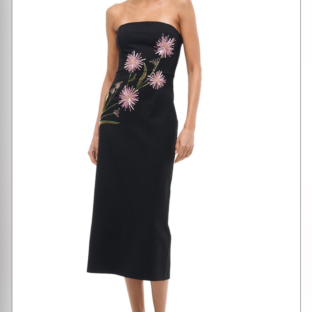 STAUD Black Midi Dress with Pink Floral Beaded design.